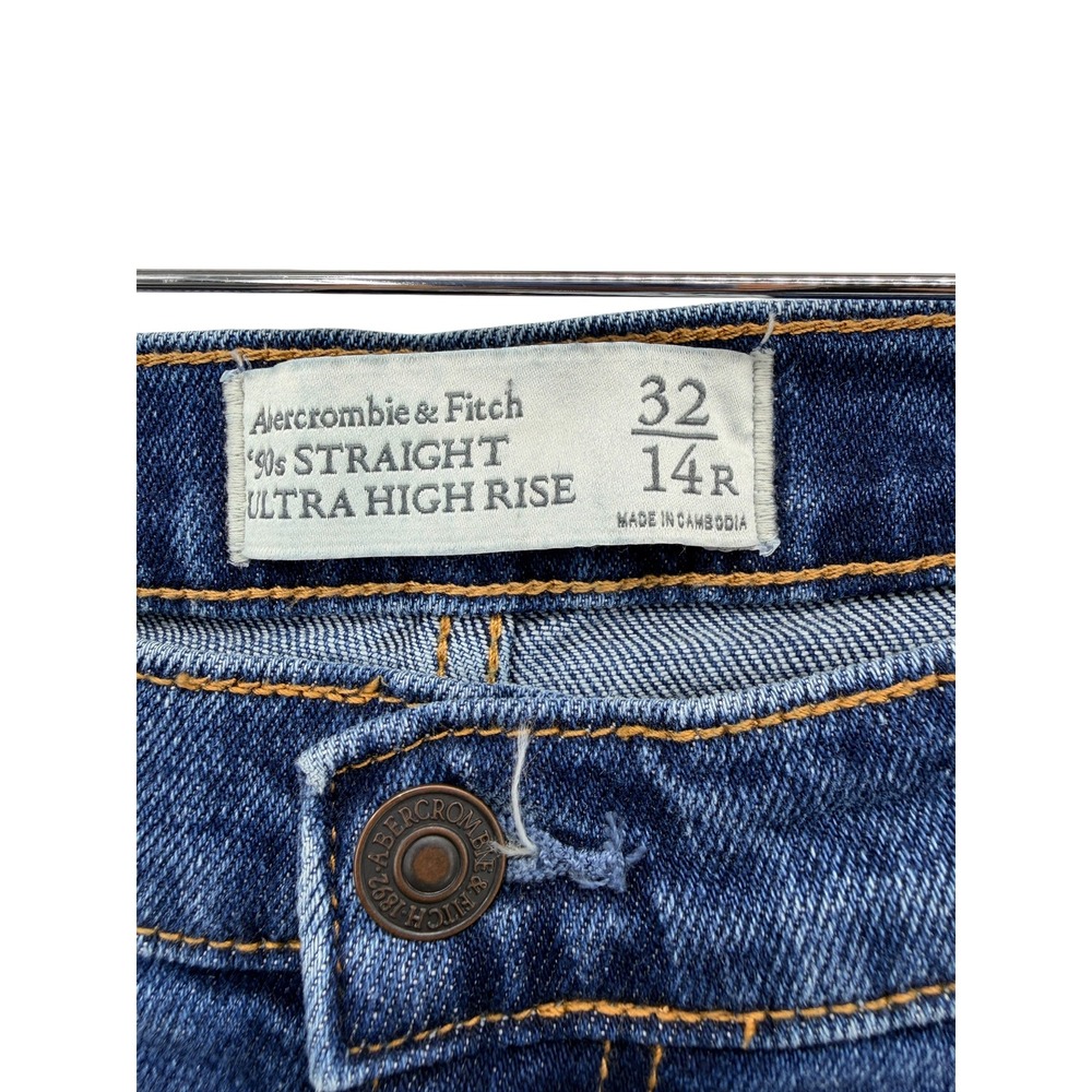 Abercrombie & Fitch 90s Straight Ultra High Rise Distressed Blue Jeans 32 14R‎ - Picture 4 of 6